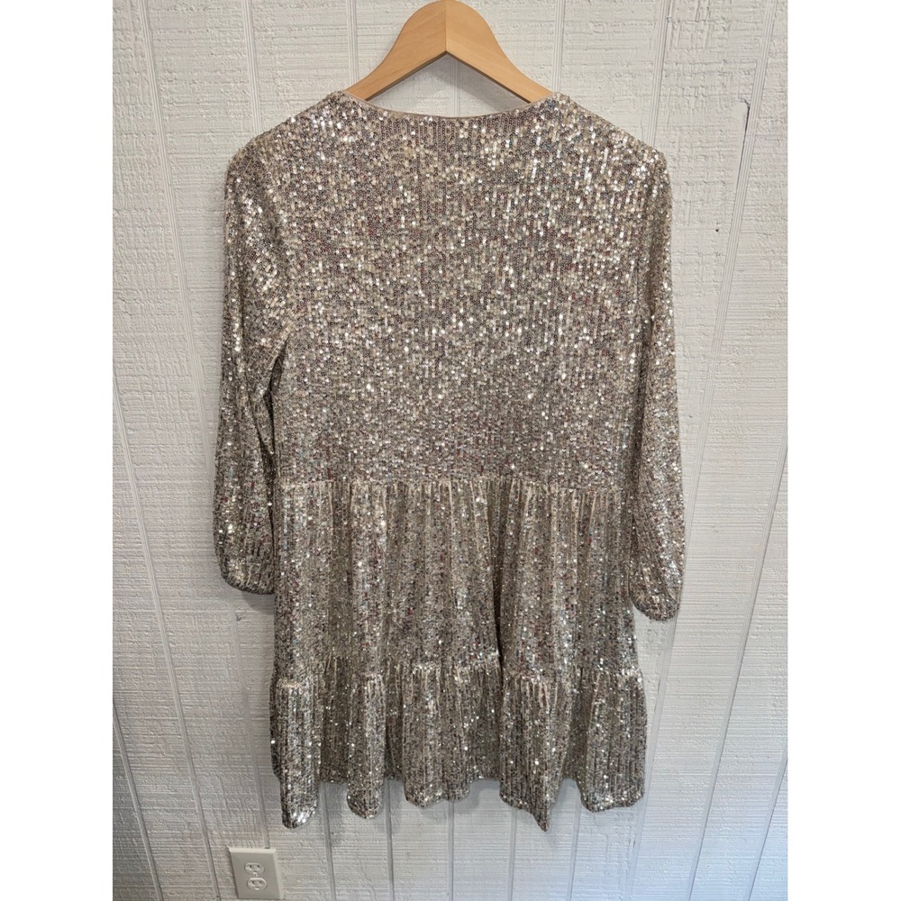 Vineyard Vines Dress Womens Champagne Gold Sequin Tiered V-Neck Mini L - Picture 3 of 5